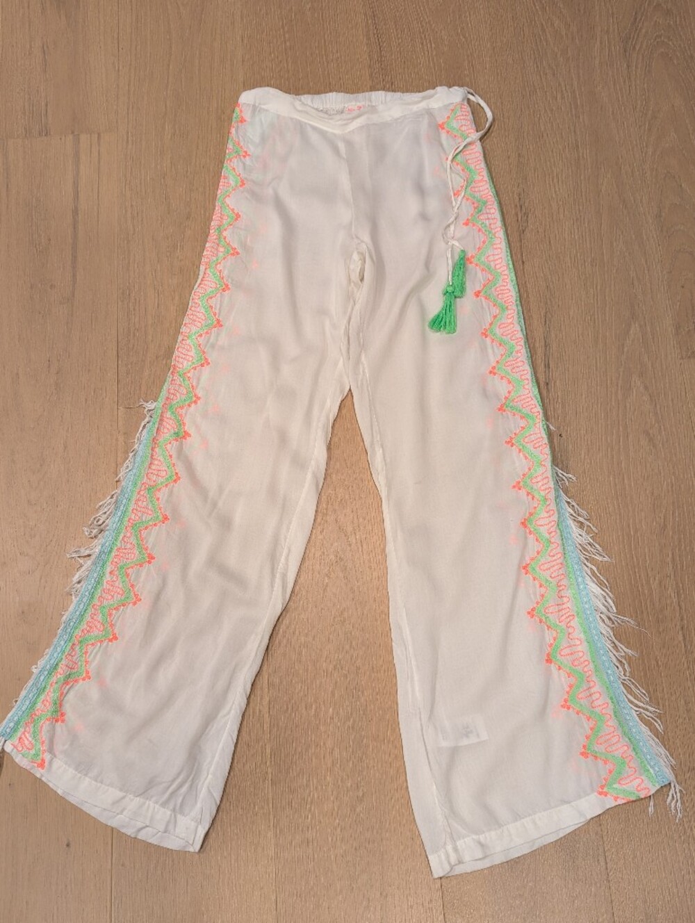 White Embroidered Boho Pants with Neon Trim And Fringe